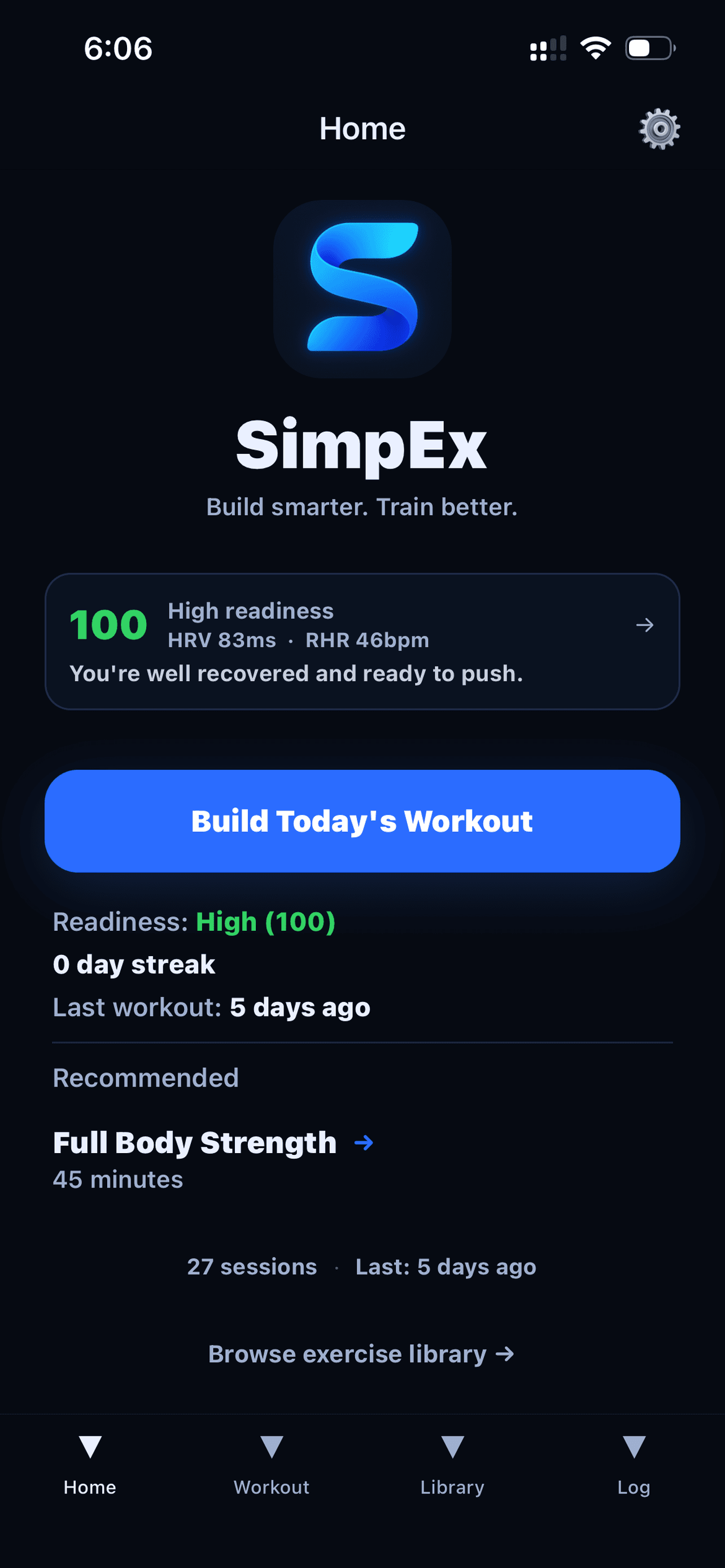 SimpEx home screen showing a readiness score of 100, HRV and resting heart rate, and a Build Today's Workout button
