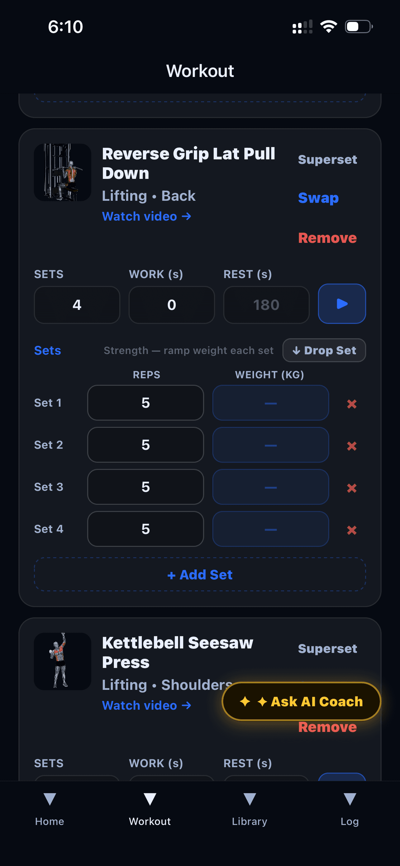 A generated SimpEx workout with sets, reps, rest and exercise videos