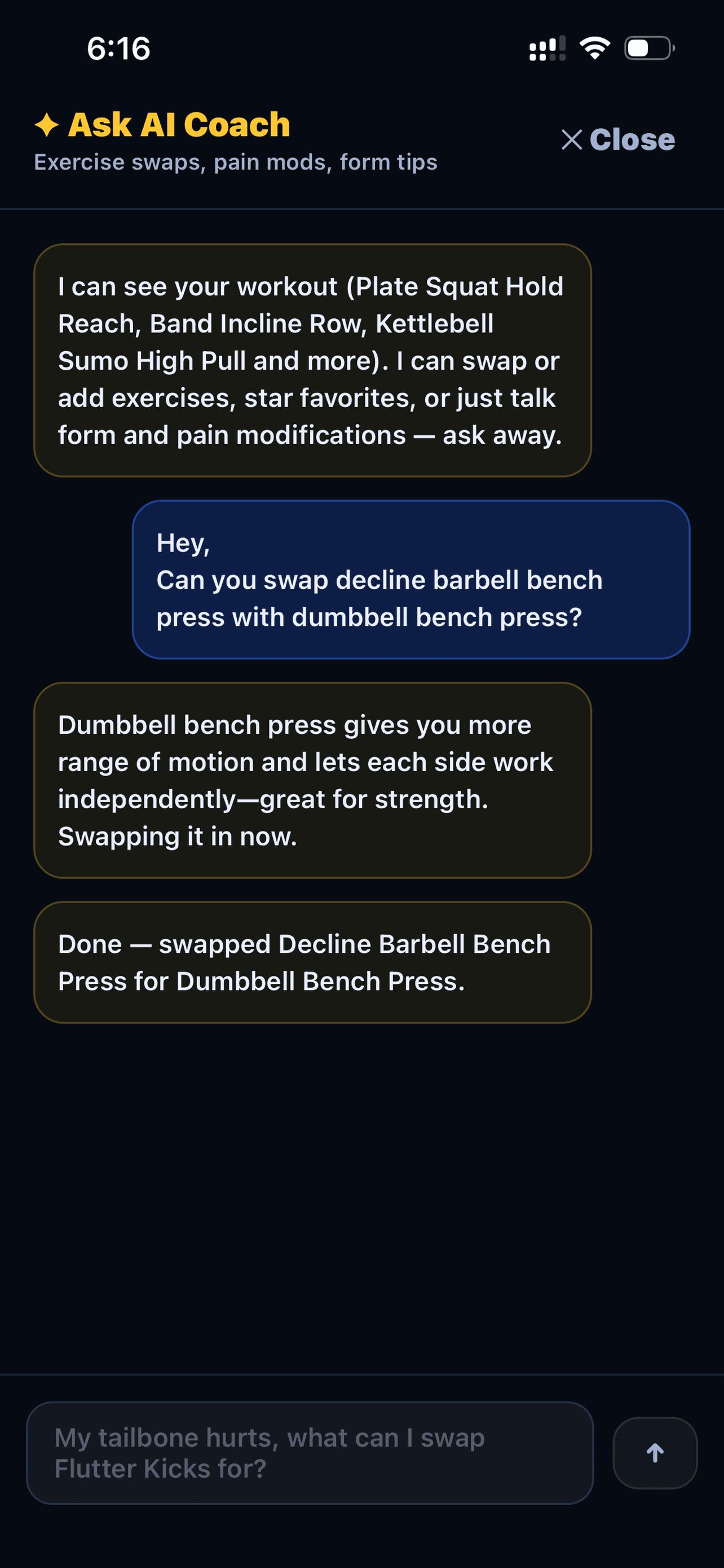 SimpEx AI coach chat swapping decline barbell bench press for dumbbell bench press