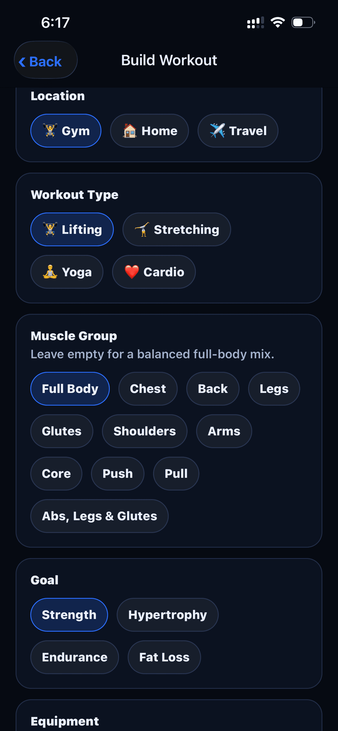 Workout builder with location, type, muscle group and goal