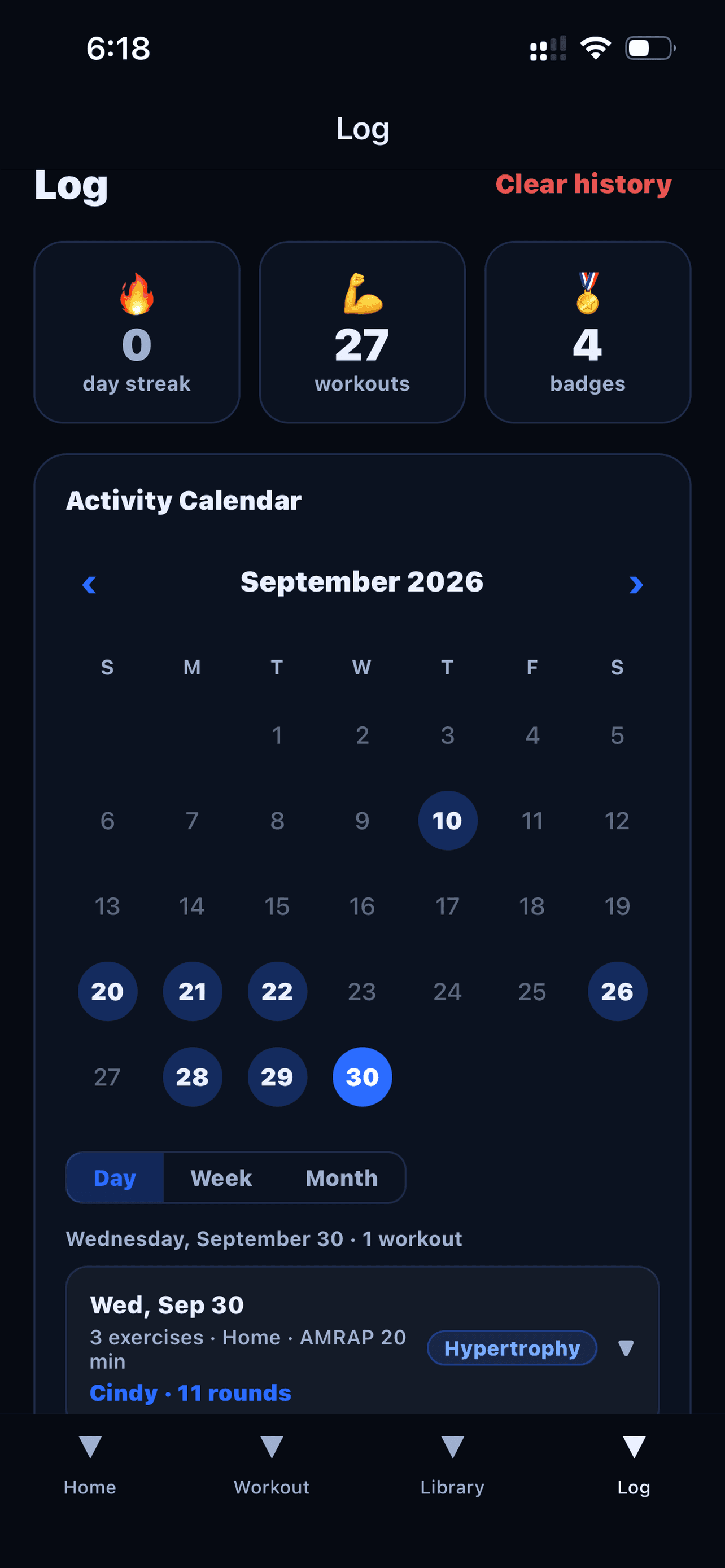 Workout log with streak and activity calendar